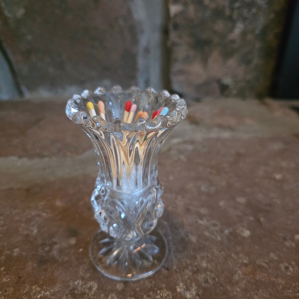 Vintage Cut Glass Toothpick Holder Mini Bud Vase Scalloped Rim Clear Crystal
